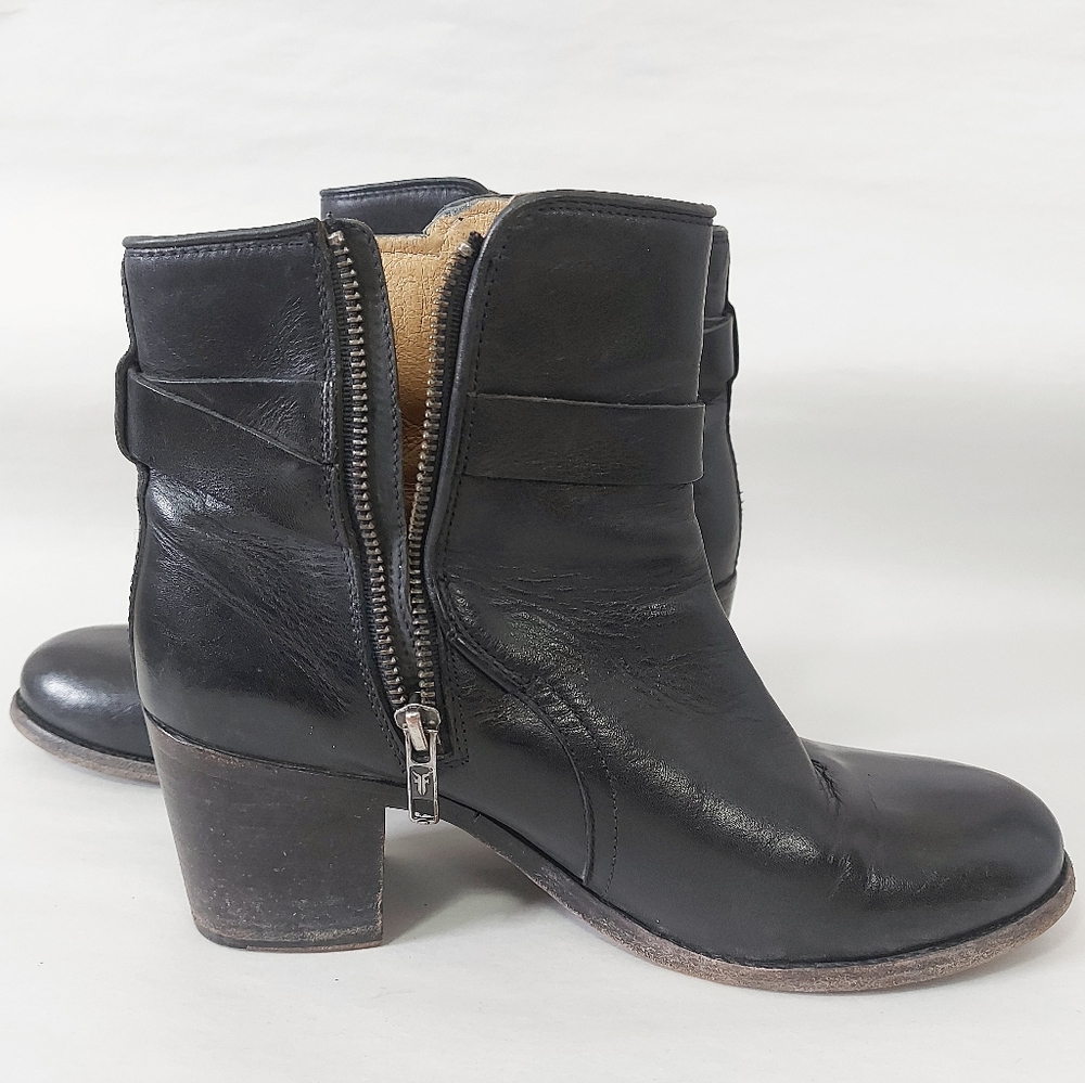 Frye Women Melissa Knotted Short Boots Size 8.5 Black Leather Edge Buckle Strap - Picture 9 of 16